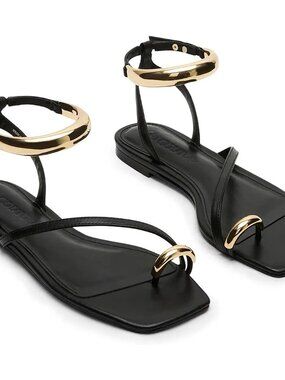 🆕Women's Black Strappy Flat Sandals Flip Flops Open Toe Ring Sandals